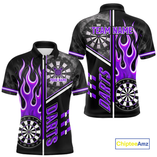Black And Purple Flaming Smoke Darts Shirt For Men Custom Darts Jersey Team Polo & 1/4 Zip TDM6096