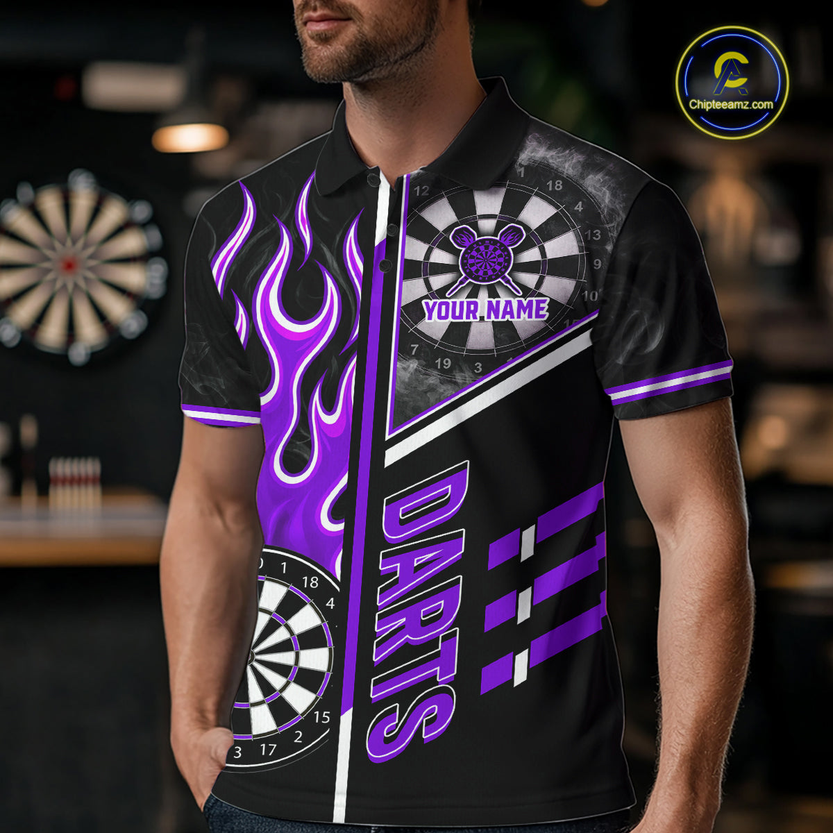 Black And Purple Flaming Smoke Darts Shirt For Men Custom Darts Jersey Team Polo & 1/4 Zip TDM6096