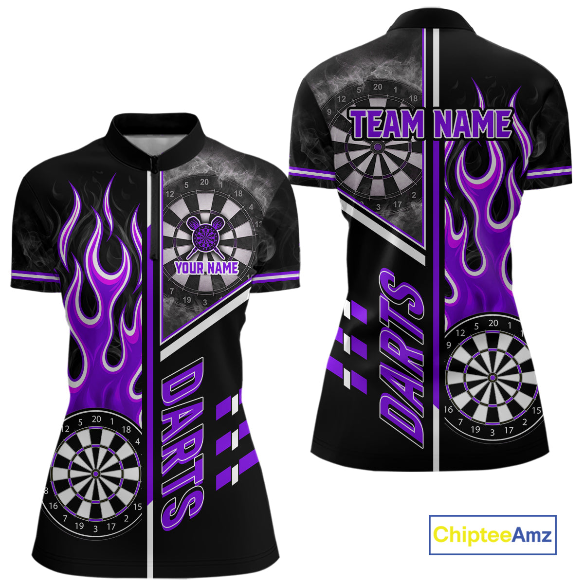 Black And Purple Flaming Smoke Darts Shirt For Women Custom Darts Jersey Team Polo & 1/4 Zip TDM6096