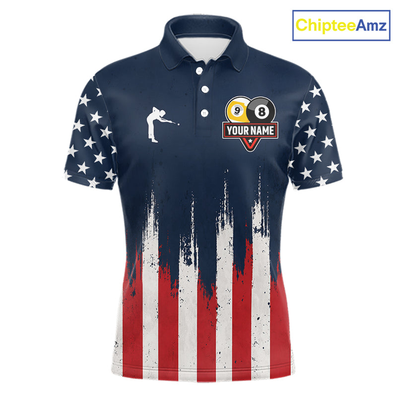 American flag 8 ball and 9 ball pool billiard team jersey polo shirt for men featuring patriotic USA artwork, premium custom billiard team apparel for league play and tournaments.