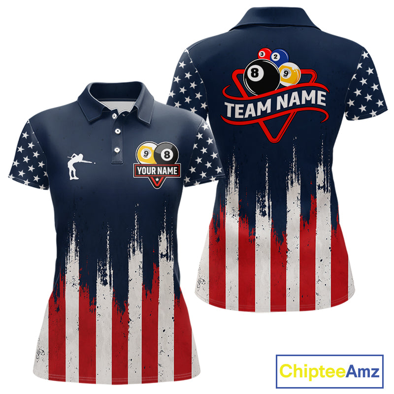 American flag 8 ball and 9 ball pool billiard team jersey polo shirt for women featuring patriotic USA artwork, premium custom billiard team apparel for league play and tournaments.