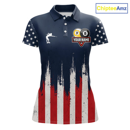 American flag 8 ball and 9 ball pool billiard team jersey polo shirt for women featuring patriotic USA artwork, premium custom billiard team apparel for league play and tournaments.