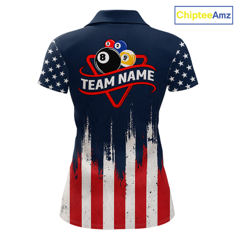American flag 8 ball and 9 ball pool billiard team jersey polo shirt for women featuring patriotic USA artwork, premium custom billiard team apparel for league play and tournaments.