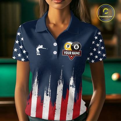 Woman wearing American flag 8 ball and 9 ball pool billiard team jersey polo shirt, front view.