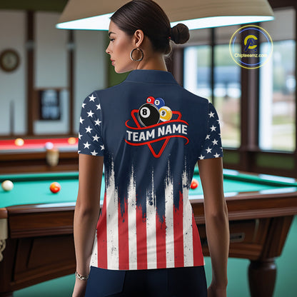 Woman wearing American flag 8 ball and 9 ball pool billiard team jersey polo shirt, back view.