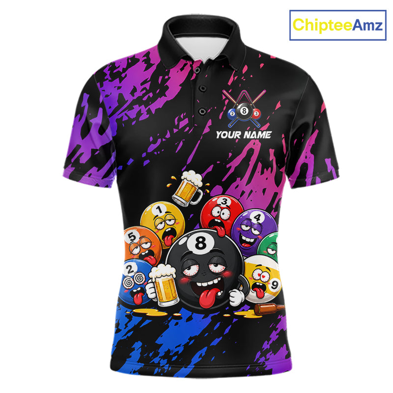Custom blue and purple drunk pool balls funny beer billiard team jersey polo shirt for men featuring funny beer and pool balls artwork, premium custom pool league apparel.