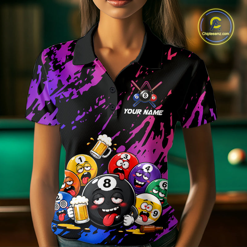 Woman wearing custom blue and purple drunk pool balls funny beer billiard team jersey polo shirt, front view.
