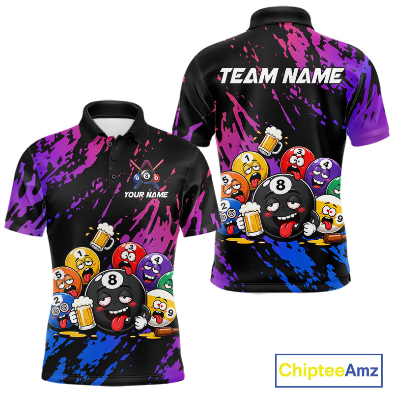 Custom blue and purple drunk pool balls funny beer billiard team jersey polo shirt for men featuring funny beer and pool balls artwork, premium custom pool league apparel.