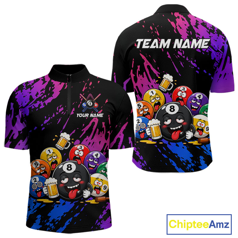 Custom blue and purple drunk pool balls funny beer billiard team jersey quarter zip shirt for men featuring colorful beer and pool balls graphics, premium custom billiard apparel.