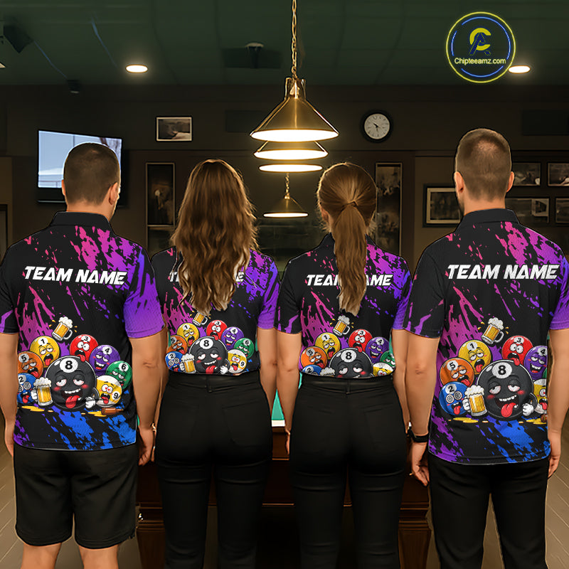 Billiard team wearing matching custom blue and purple drunk pool balls funny beer billiard team jerseys, front view.
