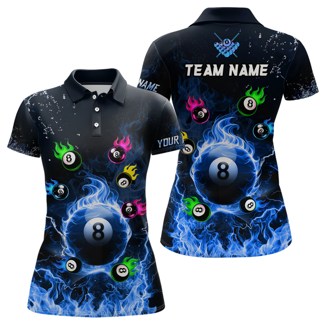 Personalized Colorful 8 Ball Fire 3D Women Polo & 1/4 Zip Shirts, Team League Billiard Jerseys |Blue TDM2767