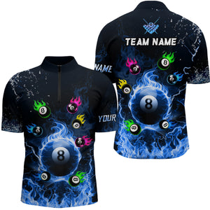 Personalized Colorful 8 Ball Fire 3D Men Polo & 1/4 Zip Shirts, Team League Billiard Jerseys |Blue TDM2767