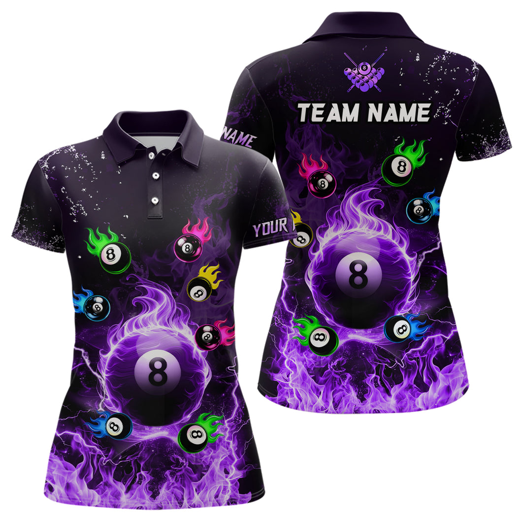 Personalized Colorful 8 Ball Fire 3D Women Polo & 1/4 Zip Shirt Team League Billiard Jerseys |Purple TDM2768