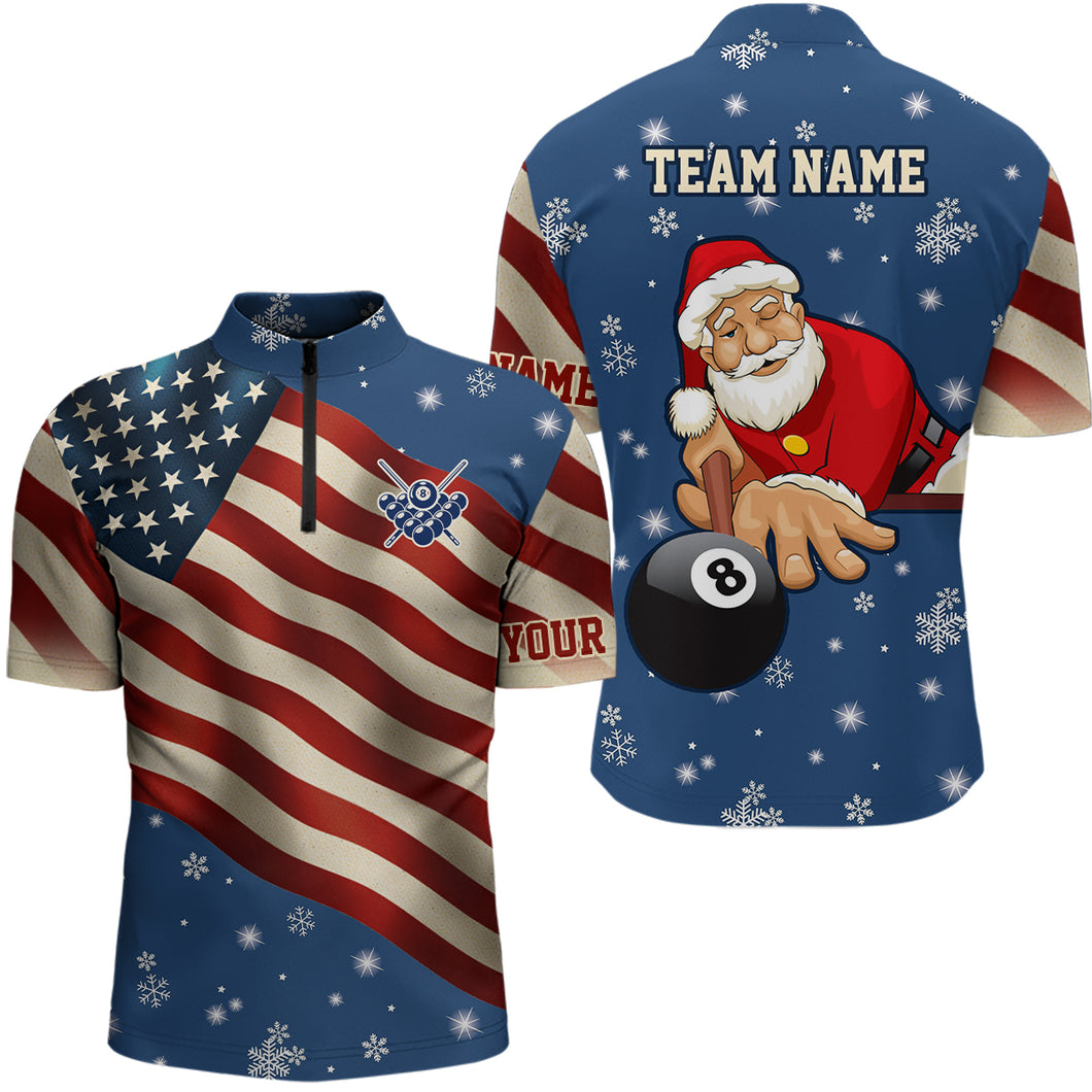 Funny Christmas Santa And Billiard American Flag Snowflakes Custom Men Quarter-Zip Shirts TDM0595