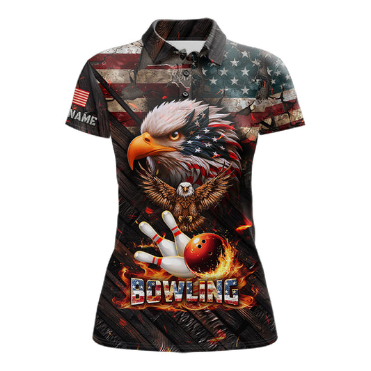 American Flag Flame Eagle Bowling Shirt For Women Custom Patriotic Bowling Jersey Polo & 1/4 Zip TDM6108