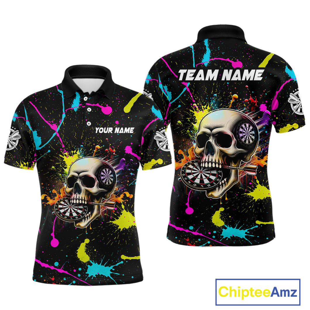 Personalized Funny Skull Colorful Paint Dart Shirt For Men Custom Darts Team Jersey Polo & 1/4 Zip TDM4213