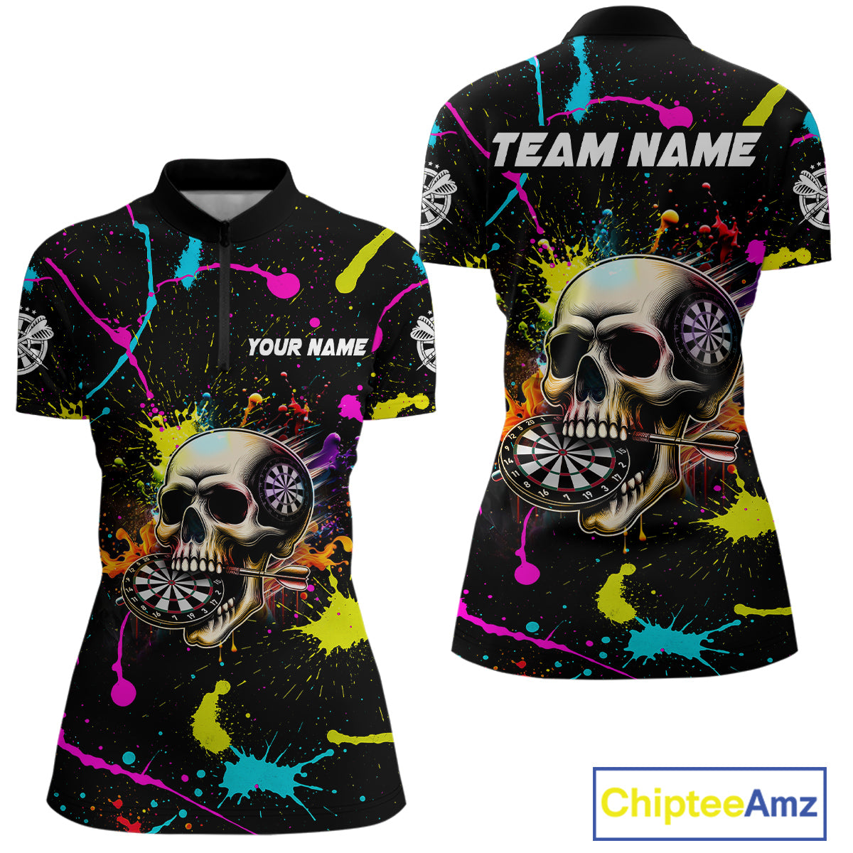 Personalized Funny Skull Colorful Paint Dart Shirt For Women Custom Darts Team Jersey Polo & 1/4 Zip TDM4213