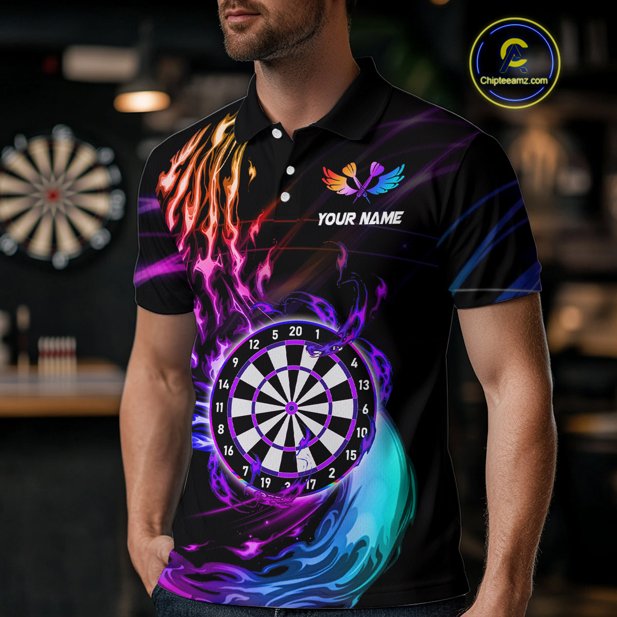 Personalized Purple Blue Dartboard Flame Dart Shirt For Men Custom Darts League Team Jerseys TDM4216