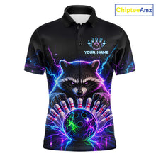 Load image into Gallery viewer, Neon raccoon bowling polo shirt for men with custom bowling team graphics.