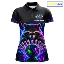 Load image into Gallery viewer, Neon raccoon bowling polo shirt for women with custom bowling team graphics.