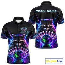 Load image into Gallery viewer, Neon raccoon bowling polo shirt for men with custom bowling team graphics.