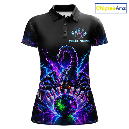 Neon scorpion bowling polo shirt for women with custom bowling team graphics.