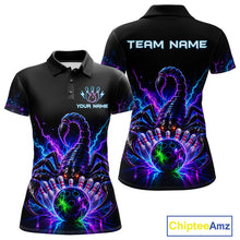 Load image into Gallery viewer, Neon scorpion bowling polo shirt for women with custom bowling team graphics.