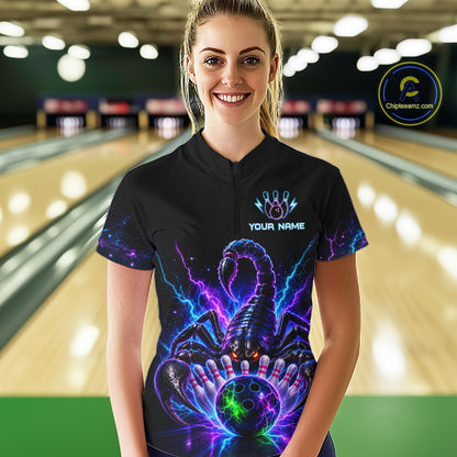 Woman wearing a neon scorpion bowling quarter zip jersey during league competition front view.