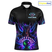 Load image into Gallery viewer, Neon dragon bowling polo shirt for men with custom bowling team graphics.