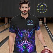 Load image into Gallery viewer, Man wearing a neon dragon bowling polo shirt at a bowling alley front view.