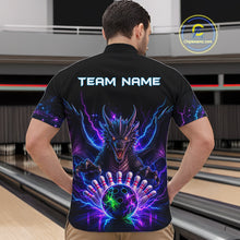 Load image into Gallery viewer, Back view of man wearing a neon dragon bowling quarter zip shirt in a bowling alley.