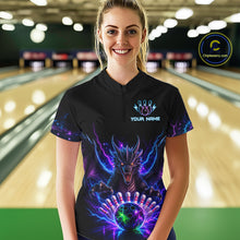 Load image into Gallery viewer, Woman wearing a neon dragon bowling quarter zip jersey during league competition front view.