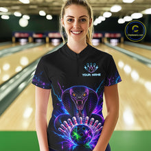 Load image into Gallery viewer, Woman wearing a neon cobra bowling quarter zip jersey during league competition front view.