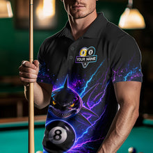 Load image into Gallery viewer, Man wearing a neon shark 8 ball and 9 ball billiard jersey beside a pool table front view.