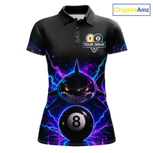 Load image into Gallery viewer, Neon shark 8 ball and 9 ball billiard polo shirt for women with custom pool team graphics.