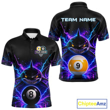 Load image into Gallery viewer, Neon shark 8 ball and 9 ball billiard polo shirt for men with custom pool team graphics.