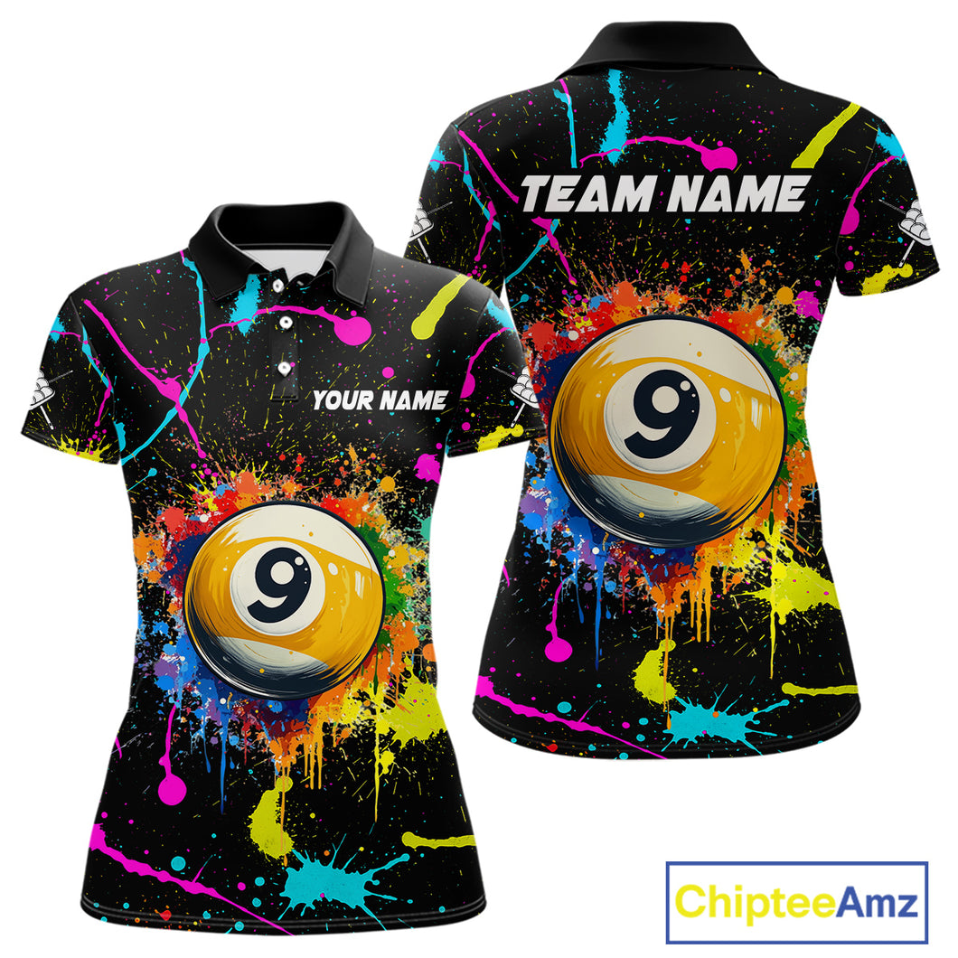 Funny 9 Ball Pool Colorful Paint Splash Custom Billiard Shirt For Women, Billiard Team Jersey Outfit TDM4604