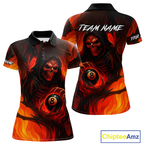 Orange Flaming Grim Reaper 8 Ball Billiard Shirt For Women Custom Halloween Pool Team Shirt Outfit TDM4811