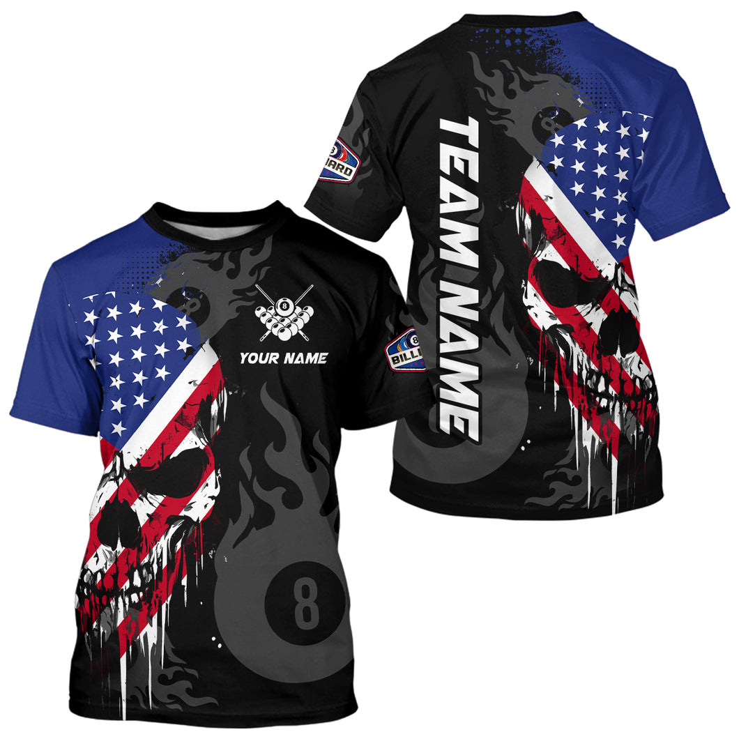 Grunge American Flag Skull 8 Ball Pool T Shirt For Men Custom Pool Team Jersey, Billiard T Shirt TDM3249