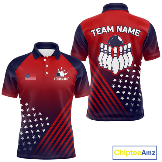 American Flag Bowling Jersey For Men, Custom Patriotic Bowling League Team Shirts Polo & 1/4 Zip TDM6544