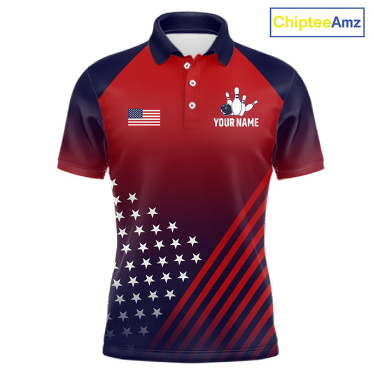 American Flag Bowling Jersey For Men, Custom Patriotic Bowling League Team Shirts Polo & 1/4 Zip TDM6544