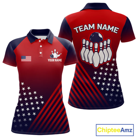 American Flag Bowling Jersey For Women, Custom Patriotic Bowling League Team Shirts Polo & 1/4 Zip TDM6544