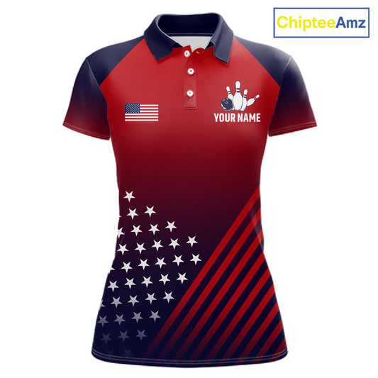 American Flag Bowling Jersey For Women, Custom Patriotic Bowling League Team Shirts Polo & 1/4 Zip TDM6544