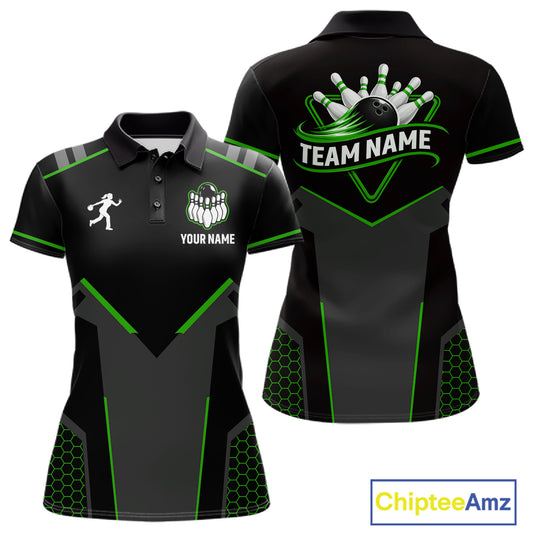Personalized Bowling Jersey For Women, Custom Black And Green Bowling Team Shirt Polo & 1/4 Zip TDM6546