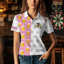 Load image into Gallery viewer, Woman wearing a pink and white darts and beer darts jersey front view.