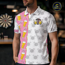 Load image into Gallery viewer, Man wearing a pink and white darts and beer darts jersey front view.