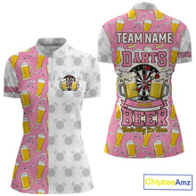 Load image into Gallery viewer, Pink and white darts and beer darts quarter zip shirt for women designed for league tournaments and team events.