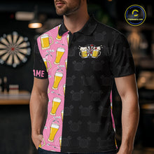 Load image into Gallery viewer, Man wearing a pink and black darts and beer darts jersey front view.