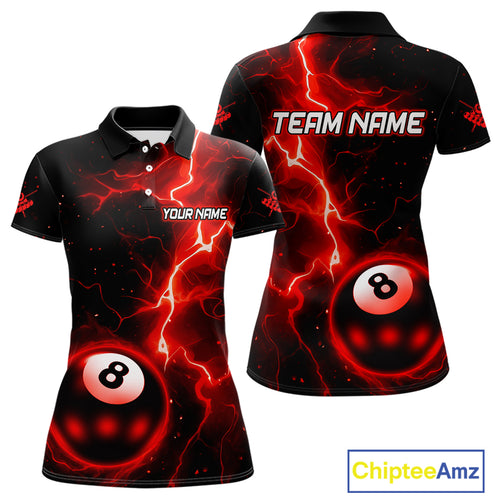Red And Black 8 Ball Striking Thunder Lightning Billiard Shirt For Women Custom Pool Team Jerseys TDM4388