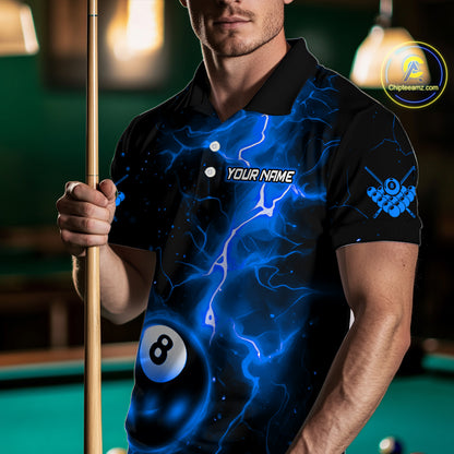 Blue And Black 8 Ball Striking Thunder Lightning Billiard Shirt For Men Custom Pool Team Jerseys TDM4389